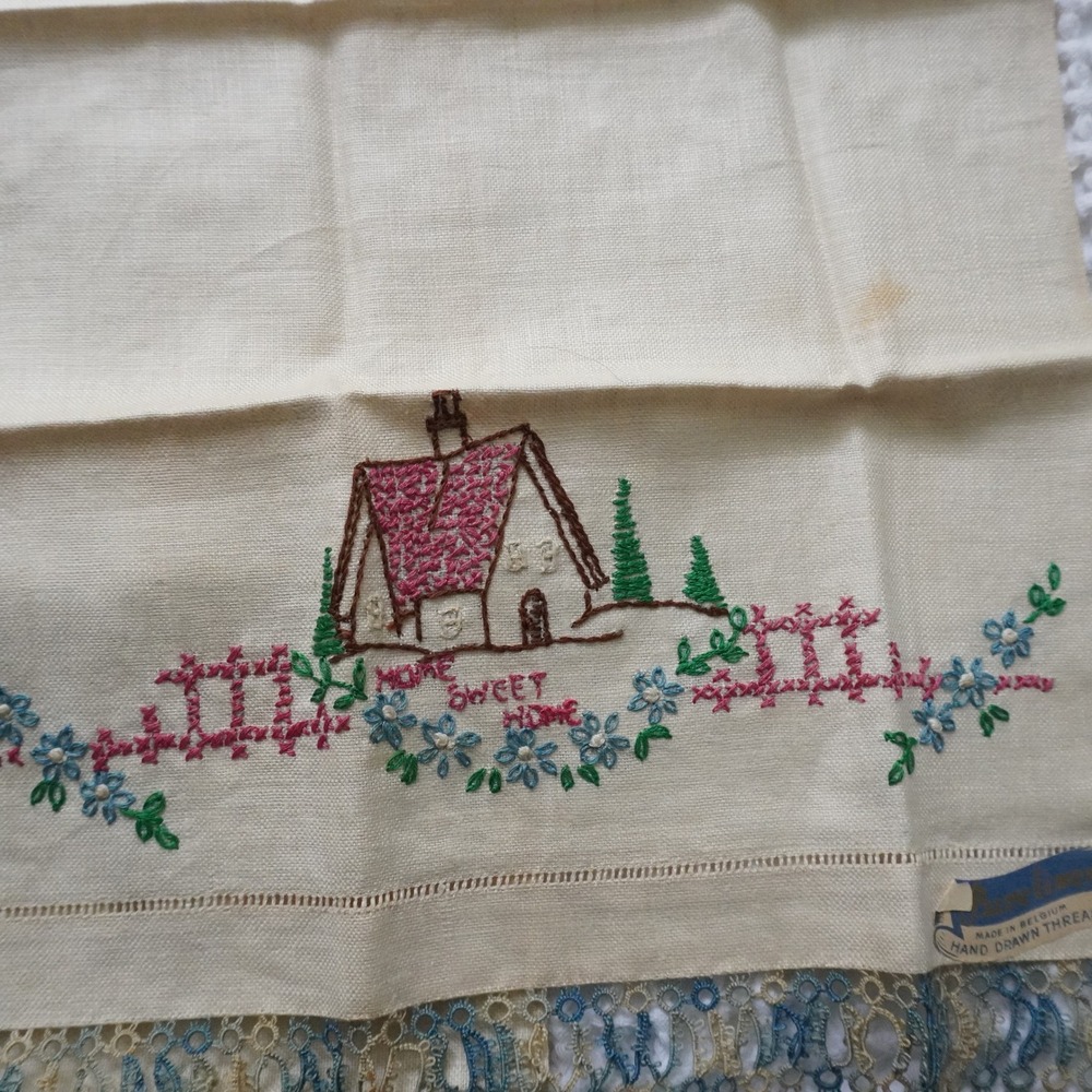 VTG Pure Linen Guest Towels Set Cream Home Sweet Home Embroidered Belgium